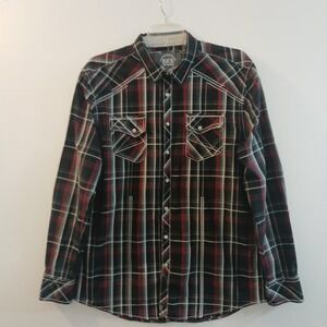 BKE Shirt Men LongSleeve BlackRed Plaid Sz XL Western Cowboy Pearl SnapsPockets